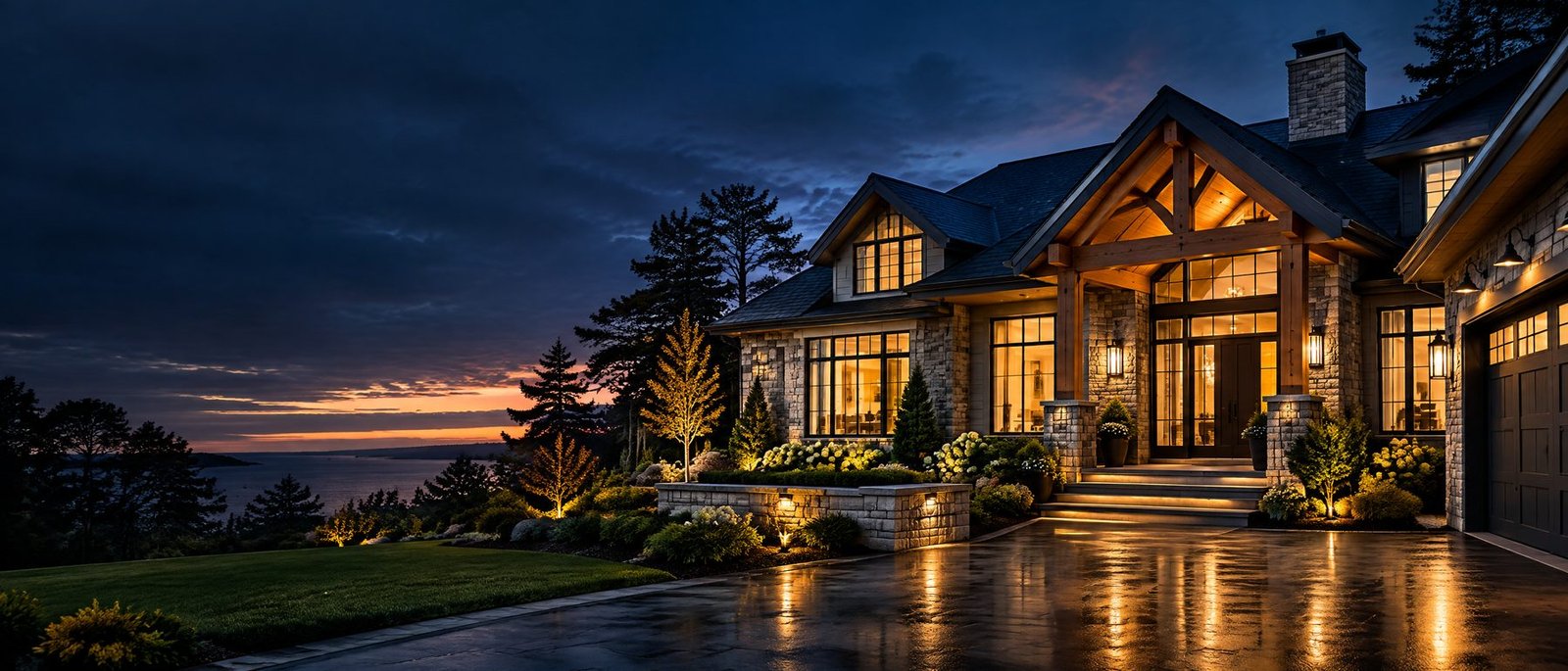 Luxury New England home with stone facade and warm evening light